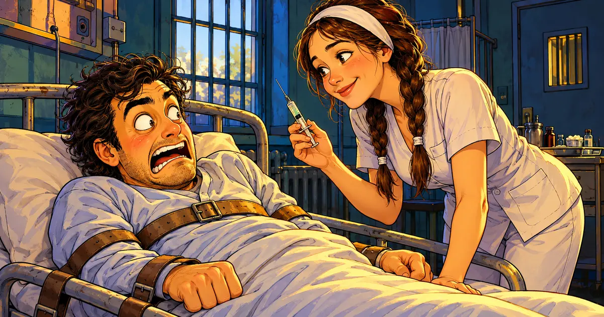 Dark romantic comedy book illustration from A Man, a Woman, a Deserted Island by Uirebit, featuring a terrified man restrained in a psychiatric hospital bed as a smiling nurse approaches with a syringe.